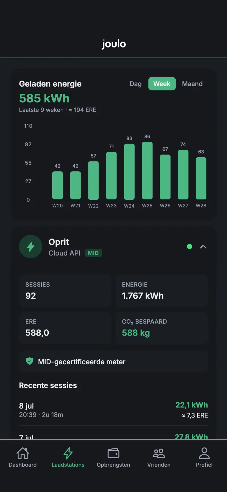 Het laadstations-scherm van de Joulo-app met sessies, kWh, ERE en een MID-gecertificeerde meter.