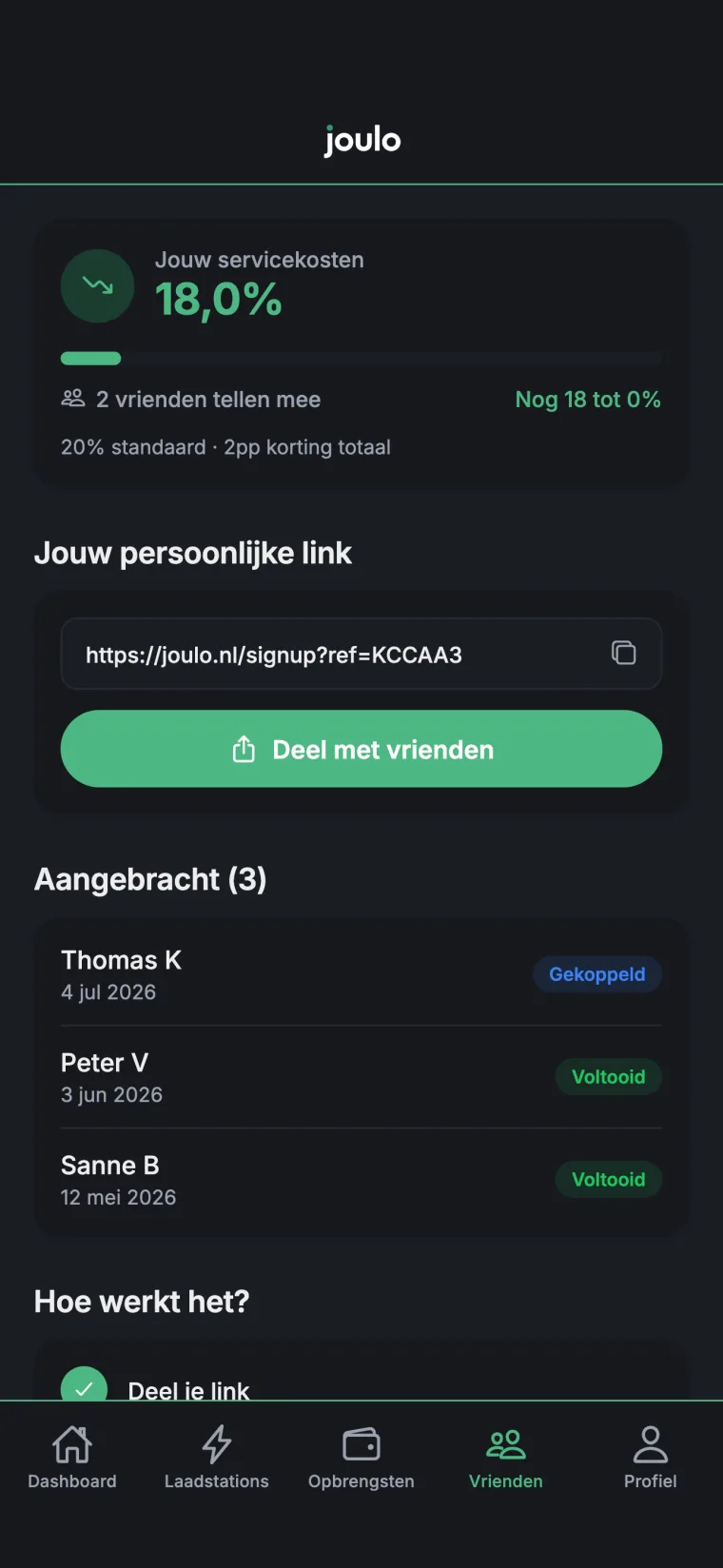 Het vrienden-scherm van de Joulo-app: deel je persoonlijke link en zie je korting op de servicekosten groeien.