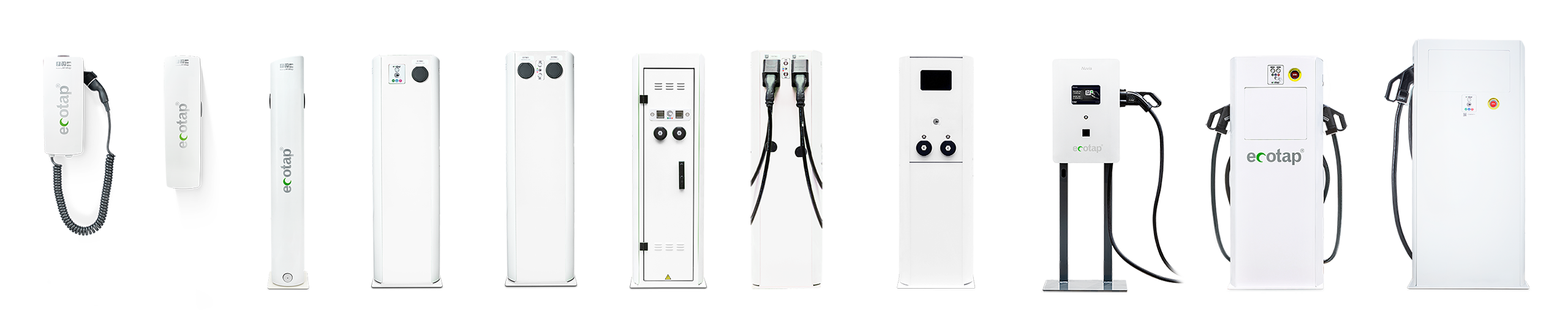 Het laadpalenassortiment van Ecotap, met links de thuis-wallcharger