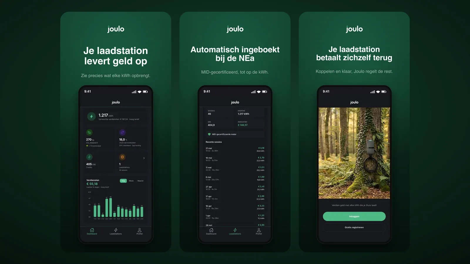 De Joulo-app in drie schermen