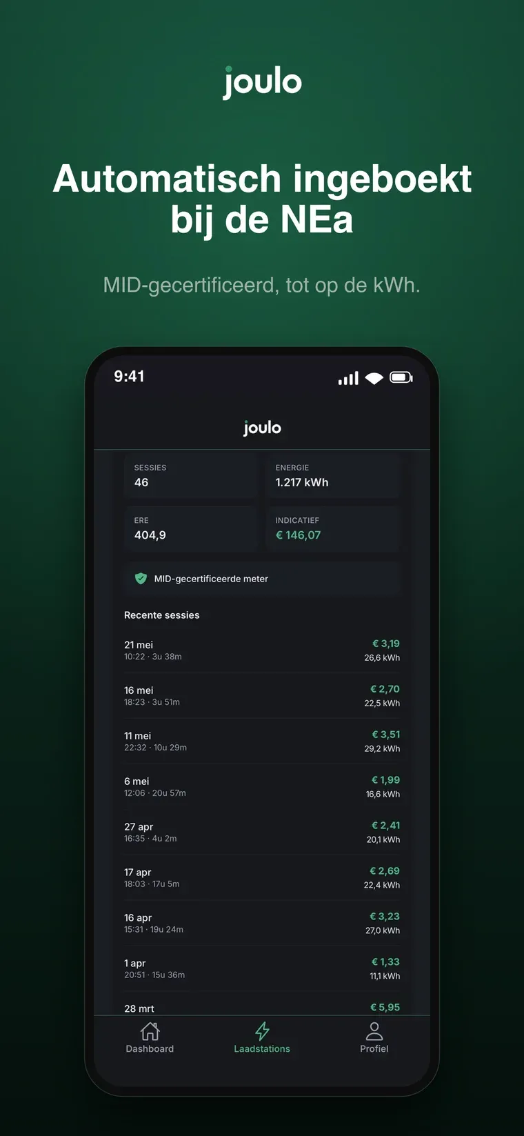 Het laadstations-scherm van de Joulo-app: sessies, kWh, ERE en een MID-gecertificeerde meter, met je recente laadsessies eronder. De getoonde bedragen zijn voorbeeldcijfers.