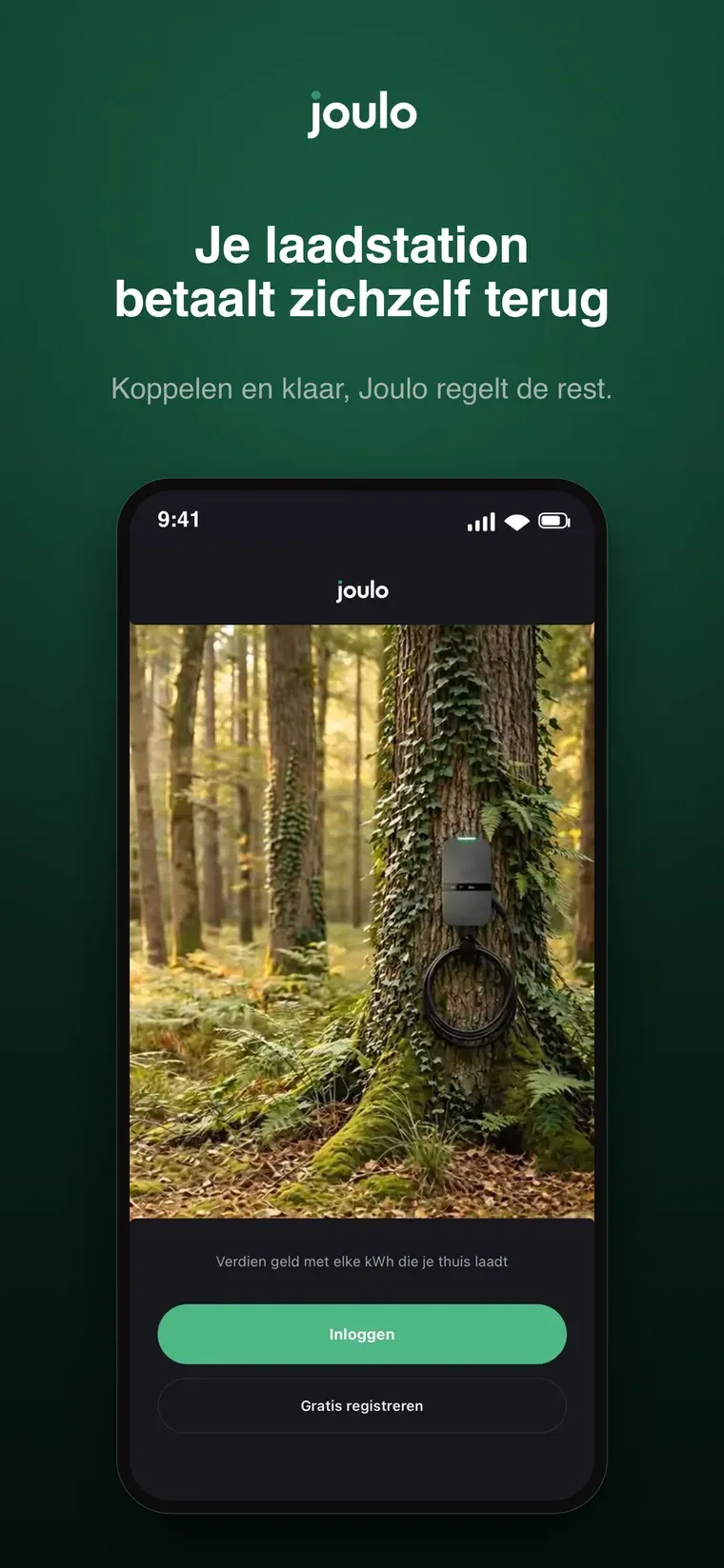 Het inlogscherm van de Joulo-app: koppelen en klaar, Joulo regelt de rest.