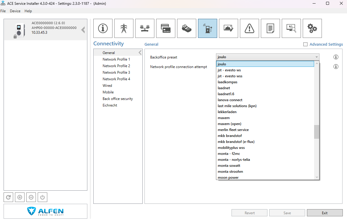 ACE Service Installer met de Backoffice preset-lijst geopend op het tabblad Connectivity en 'joulo' geselecteerd